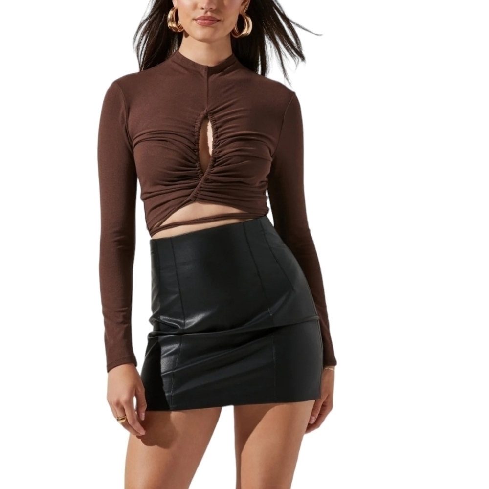 ASTR THE LABEL Reseda Long Sleeve Cutout Tie Waist Top in Brown M